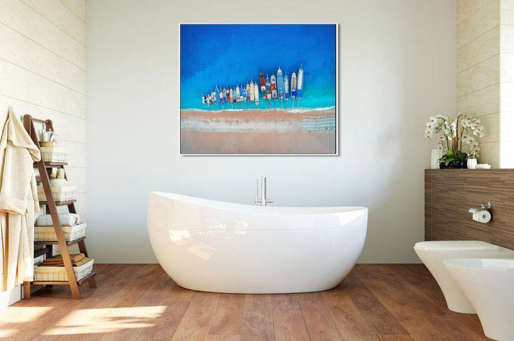 wall-art-print-canvas-poster-framed-Aerial View Of Colourful Boats, Ocean And Beach Print-by-Gioia Wall Art-Gioia Wall Art