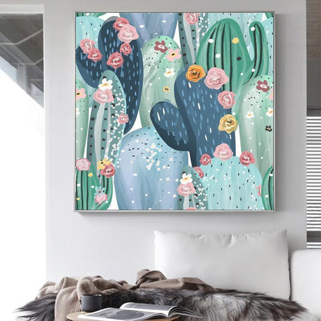 wall-art-print-canvas-poster-framed-Beautiful Pastel Vintage Cactuses, Succulents, Cacti With Pink, White And Yellow Flowers-by-Gioia Wall Art-Gioia Wall Art
