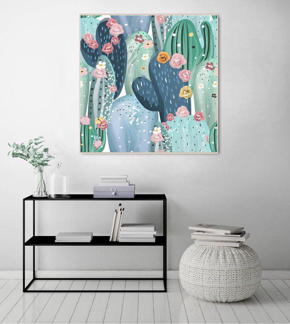 wall-art-print-canvas-poster-framed-Beautiful Pastel Vintage Cactuses, Succulents, Cacti With Pink, White And Yellow Flowers-by-Gioia Wall Art-Gioia Wall Art