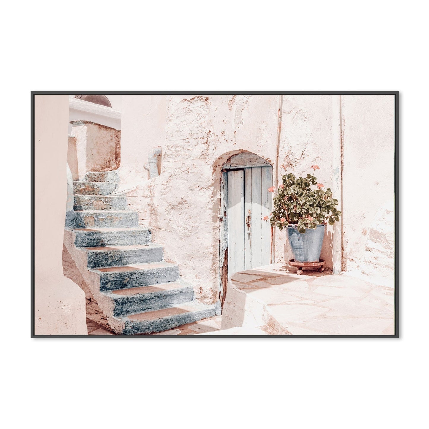 Blue stair, blue door and blue pot-Gioia-Prints-Framed-Canvas-Poster-GIOIA-WALL-ART