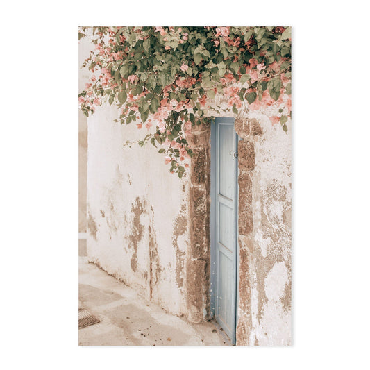 Bougainvillea flower and blue door in Santorini, Style A-Gioia-Prints-Framed-Canvas-Poster-GIOIA-WALL-ART