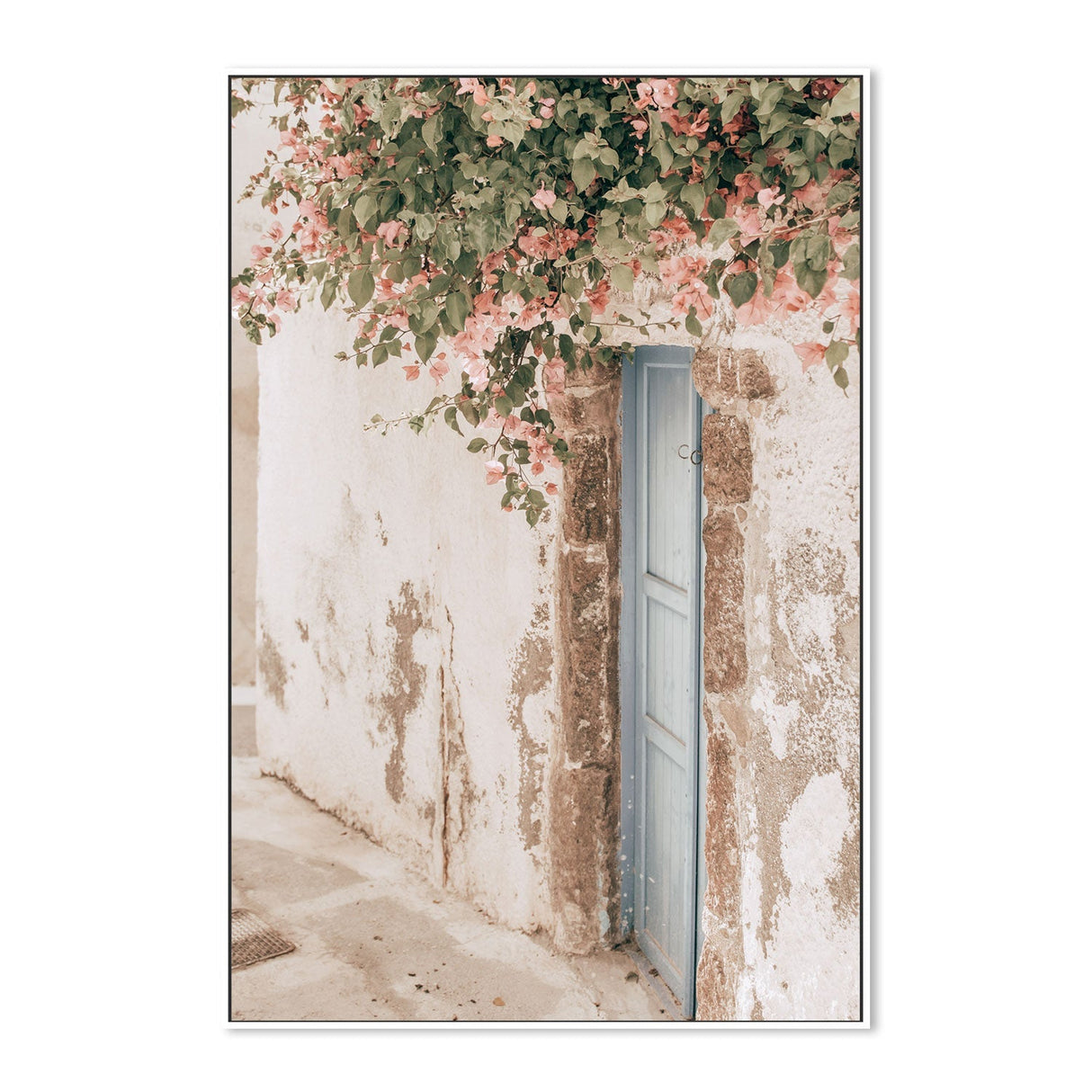 Bougainvillea flower and blue door in Santorini, Style A-Gioia-Prints-Framed-Canvas-Poster-GIOIA-WALL-ART