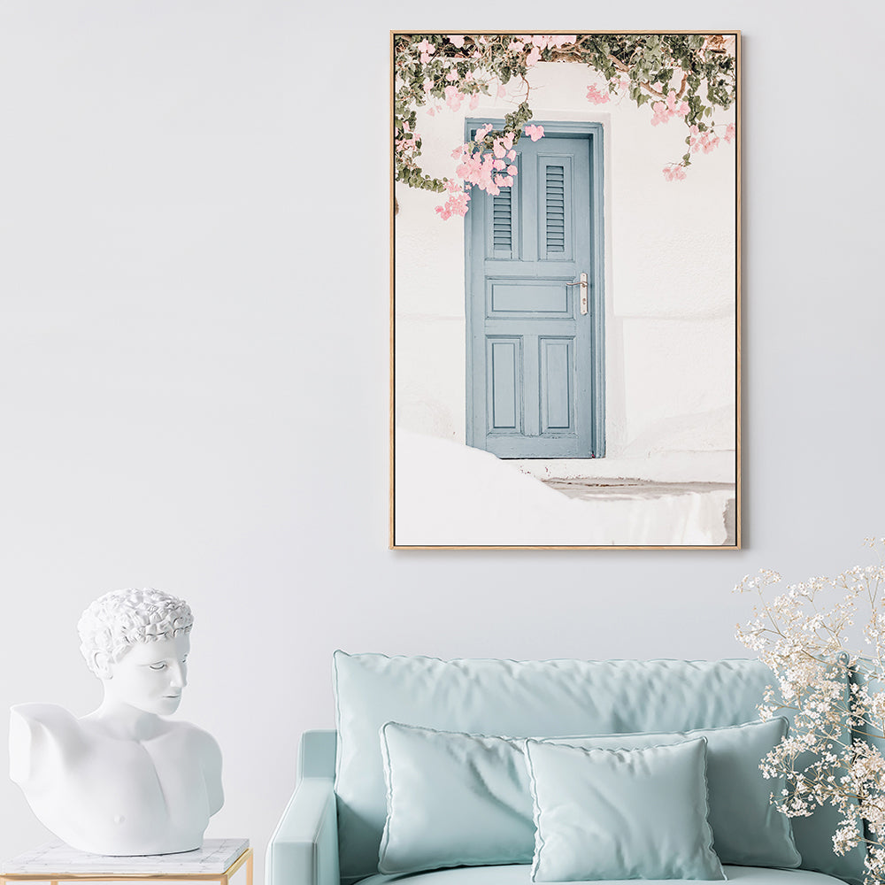 Bougainvillea flower and blue door in Santorini, Style B-Gioia-Prints-Framed-Canvas-Poster-GIOIA-WALL-ART