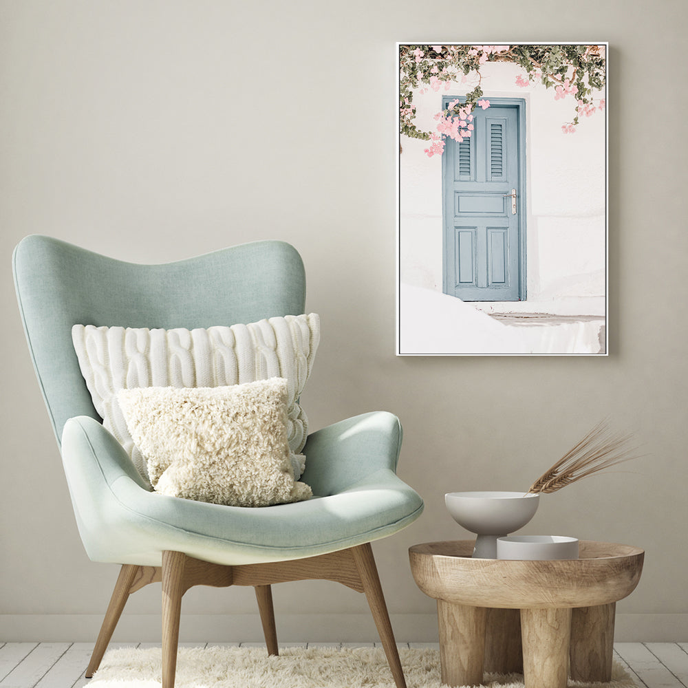 Bougainvillea flower and blue door in Santorini, Style B-Gioia-Prints-Framed-Canvas-Poster-GIOIA-WALL-ART