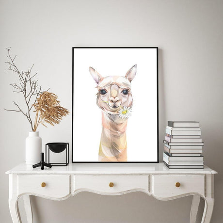 wall-art-print-canvas-poster-framed-Cute Llama With Chamomile, Watercolour Painting Style-by-Gioia Wall Art-Gioia Wall Art