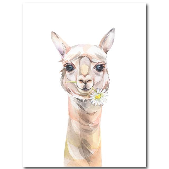 wall-art-print-canvas-poster-framed-Cute Llama With Chamomile, Watercolour Painting Style-by-Gioia Wall Art-Gioia Wall Art