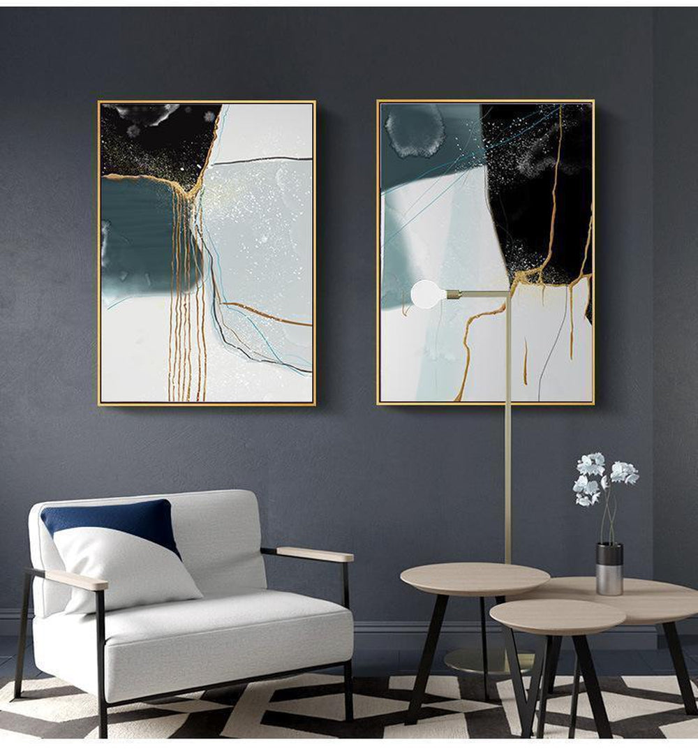 wall-art-print-canvas-poster-framed-Drifting Sand, Abstract Art, Black Blue Gold , Set Of 2-by-Gioia Wall Art-Gioia Wall Art