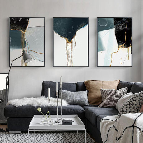 wall-art-print-canvas-poster-framed-Drifting Sand, Abstract Art, Black Blue Gold, Set Of 3-by-Gioia Wall Art-Gioia Wall Art