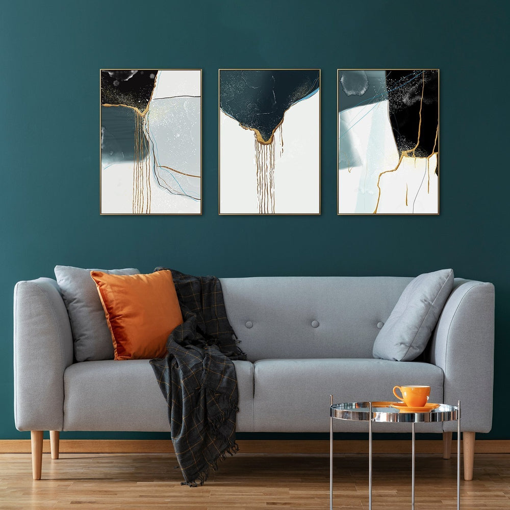 wall-art-print-canvas-poster-framed-Drifting Sand, Abstract Art, Black Blue Gold, Set Of 3-by-Gioia Wall Art-Gioia Wall Art