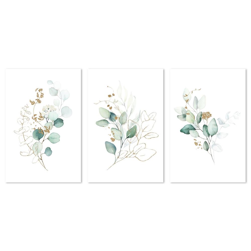 wall-art-print-canvas-poster-framed-Eucalyptus Leaves With Golden Twigs , Set Of 3-by-Gioia Wall Art-Gioia Wall Art