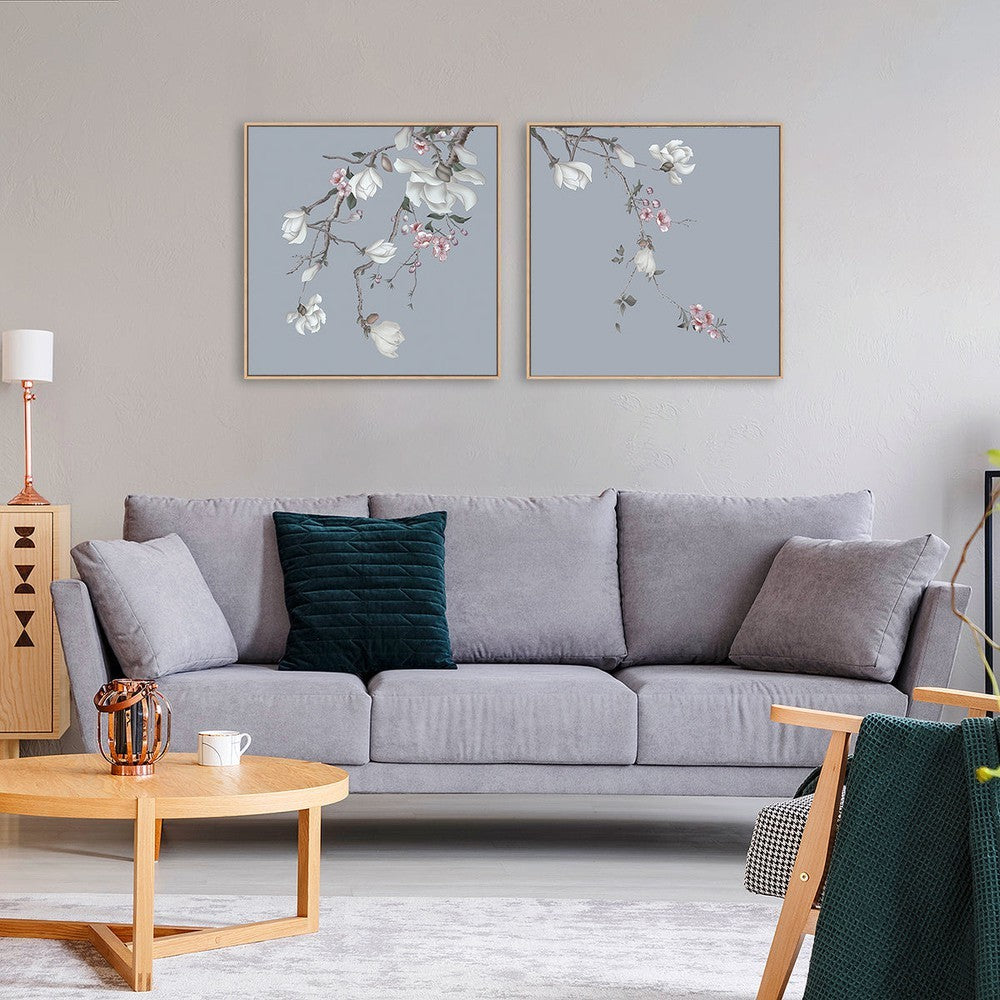 wall-art-print-canvas-poster-framed-Forcasting Spring, Magnolia And Peach Blossom In Blue Background, Set Of 2-by-Gioia Wall Art-Gioia Wall Art