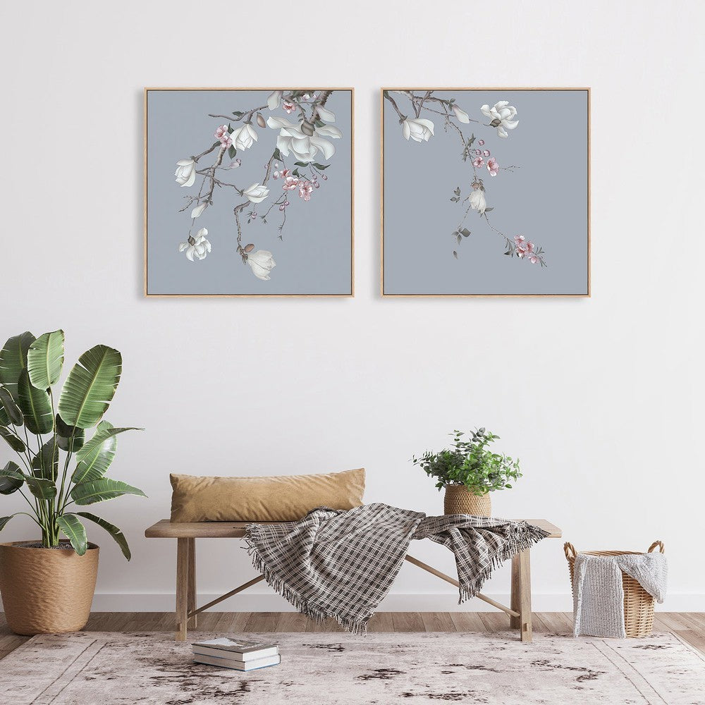 wall-art-print-canvas-poster-framed-Forcasting Spring, Magnolia And Peach Blossom In Blue Background, Set Of 2-by-Gioia Wall Art-Gioia Wall Art