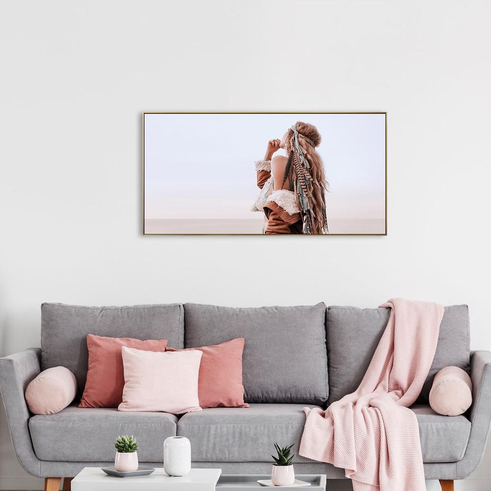 wall-art-print-canvas-poster-framed-Girl With Feather Headdress At Beach, Boho Style-by-Gioia Wall Art-Gioia Wall Art