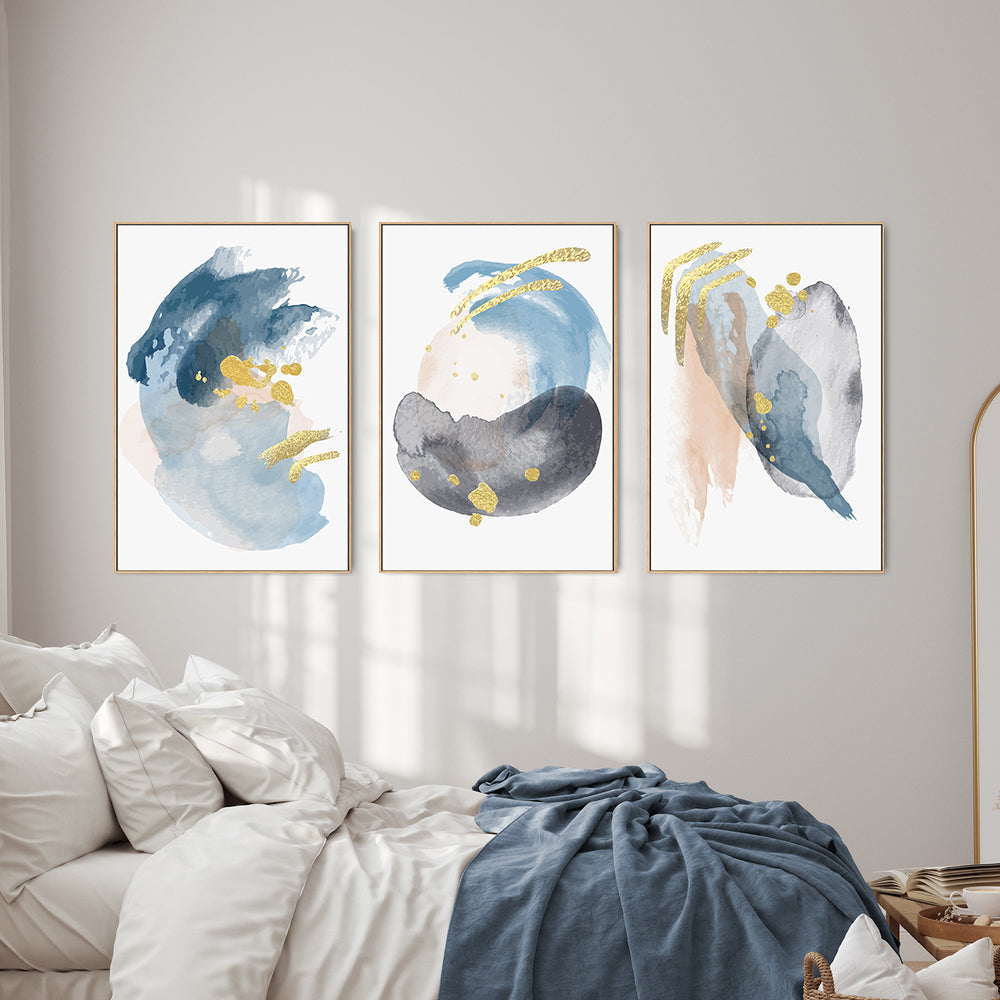 wall-art-print-canvas-poster-framed-Gold Shades Of Blue, Style A, B & C, Set Of 3-GIOIA-WALL-ART