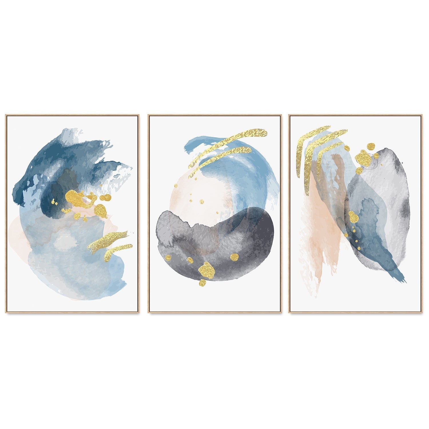 wall-art-print-canvas-poster-framed-Gold Shades Of Blue, Style A, B & C, Set Of 3-GIOIA-WALL-ART