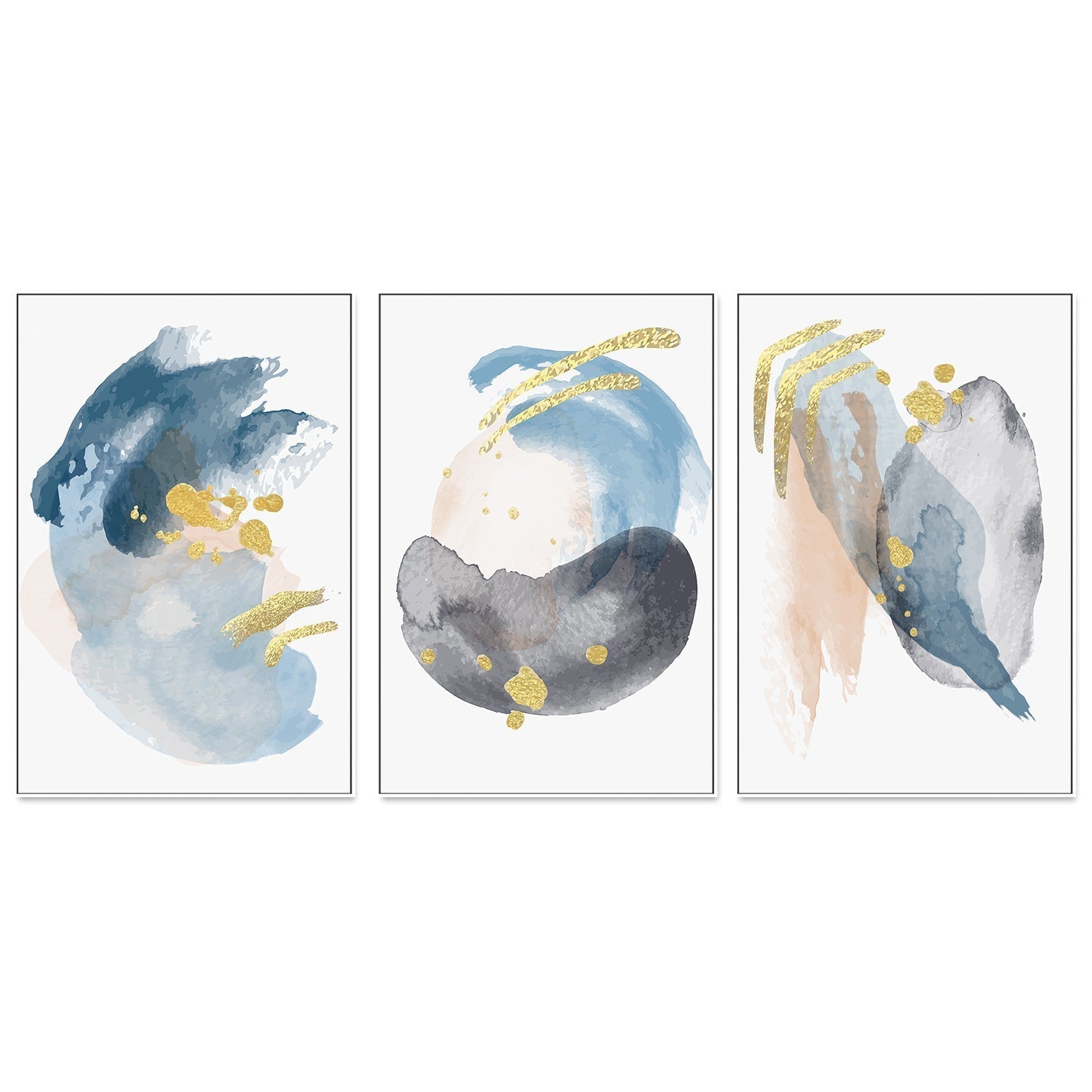 wall-art-print-canvas-poster-framed-Gold Shades Of Blue, Style A, B & C, Set Of 3-GIOIA-WALL-ART