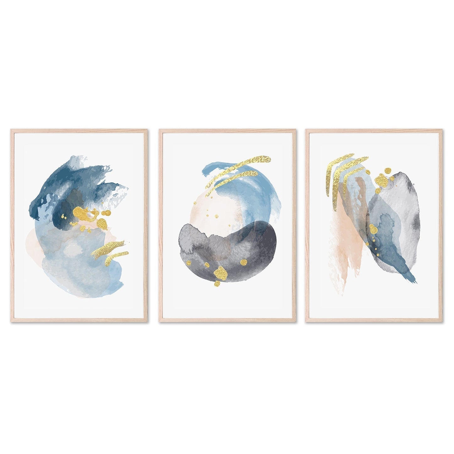 wall-art-print-canvas-poster-framed-Gold Shades Of Blue, Style A, B & C, Set Of 3-GIOIA-WALL-ART