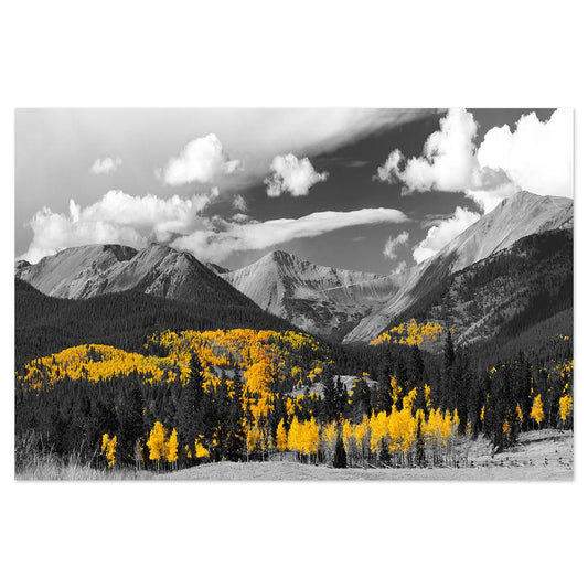 wall-art-print-canvas-poster-framed-Golden Bless, Monochrome Mountain Landscape With Bright Yellow Trees-by-Gioia Wall Art-Gioia Wall Art