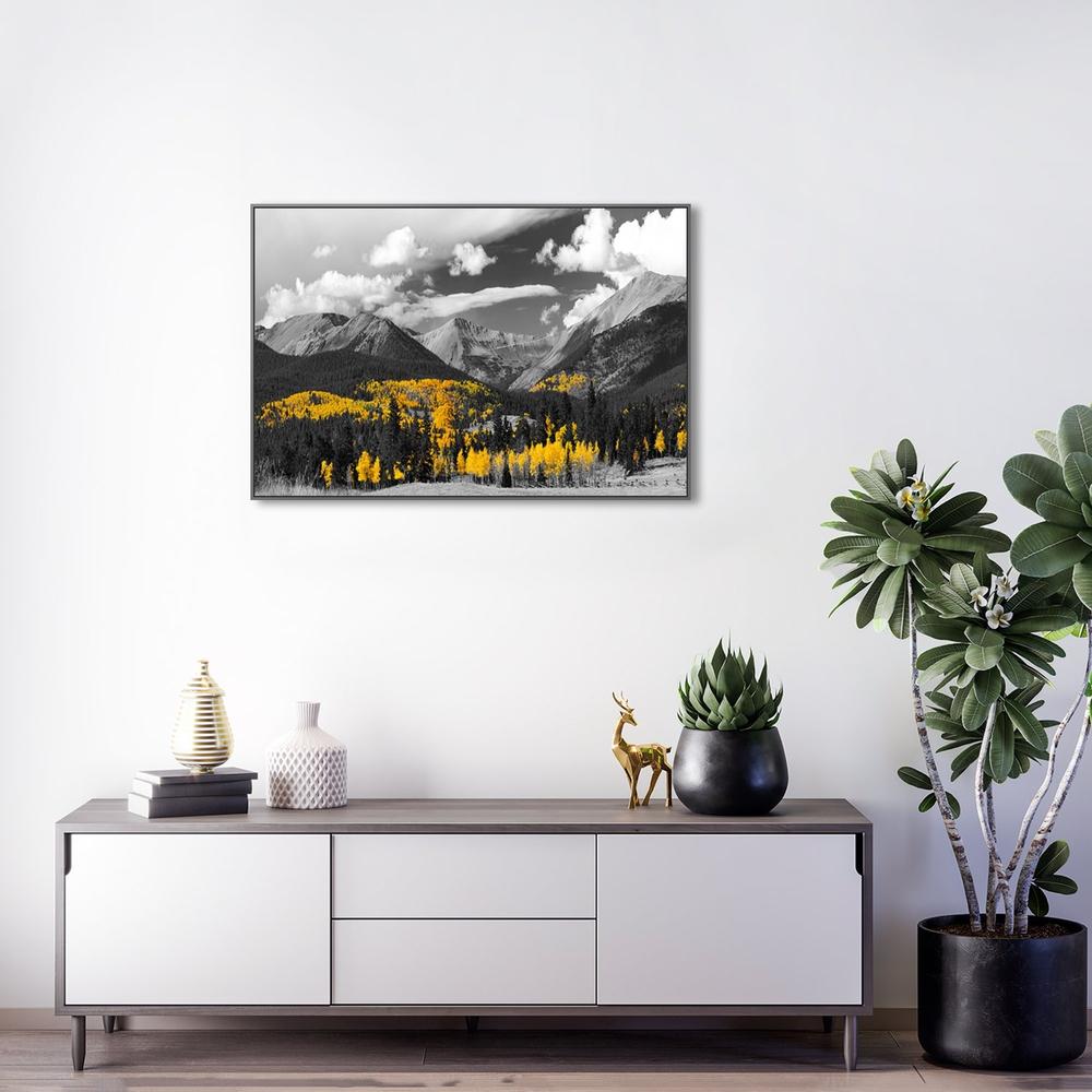 wall-art-print-canvas-poster-framed-Golden Bless, Monochrome Mountain Landscape With Bright Yellow Trees-by-Gioia Wall Art-Gioia Wall Art