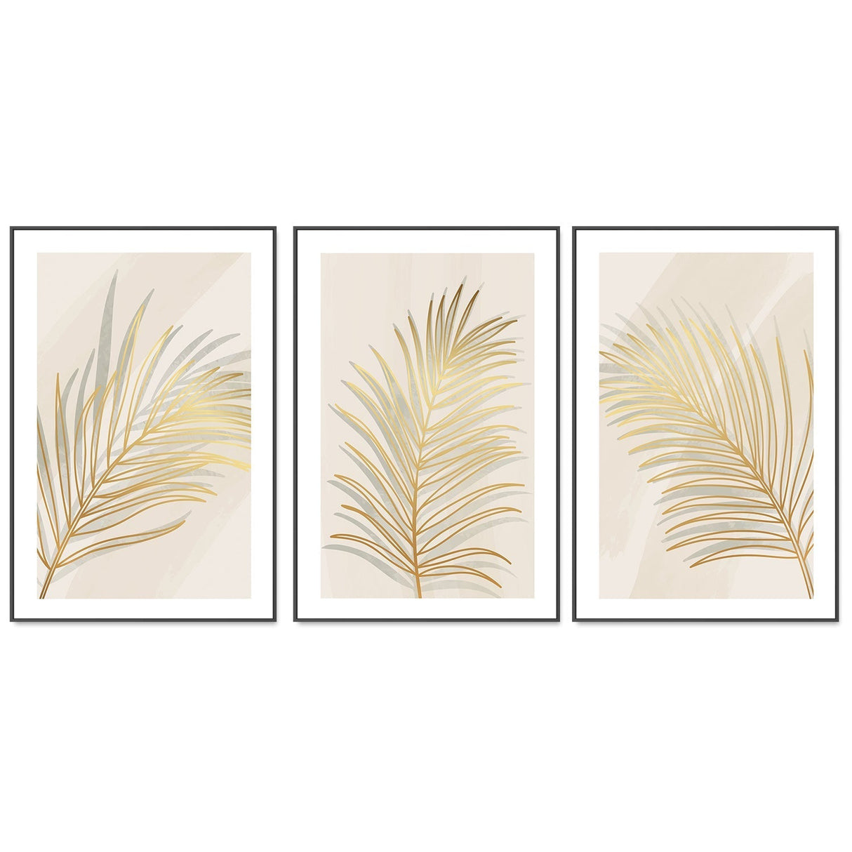 wall-art-print-canvas-poster-framed-Golden Palm Leaf, Style A, B & C, Set Of 3-GIOIA-WALL-ART