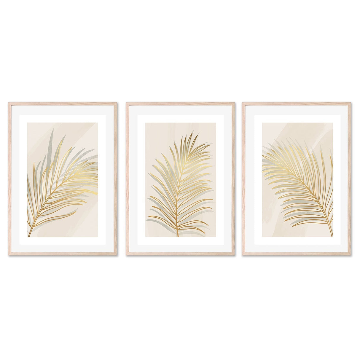 wall-art-print-canvas-poster-framed-Golden Palm Leaf, Style A, B & C, Set Of 3-GIOIA-WALL-ART