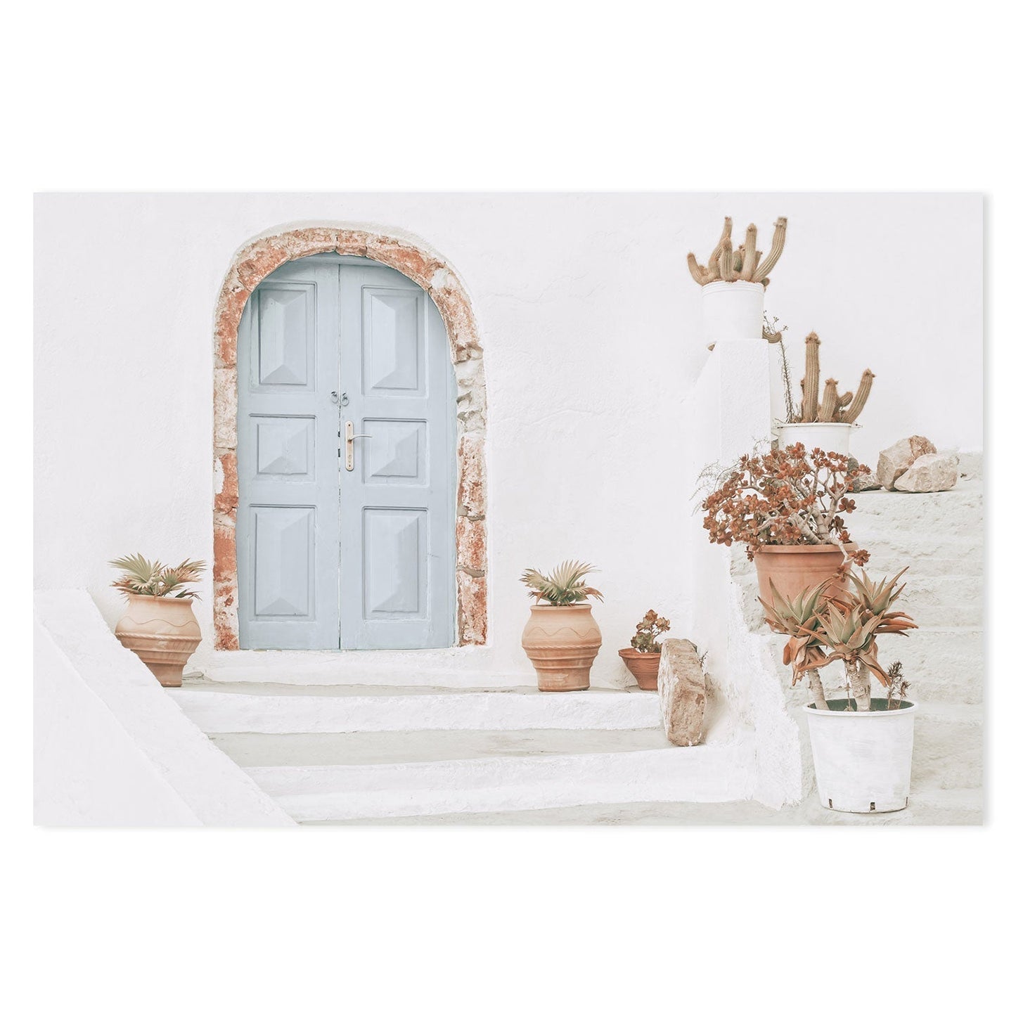 Greek house facade with blue door and flower pots-Gioia-Prints-Framed-Canvas-Poster-GIOIA-WALL-ART