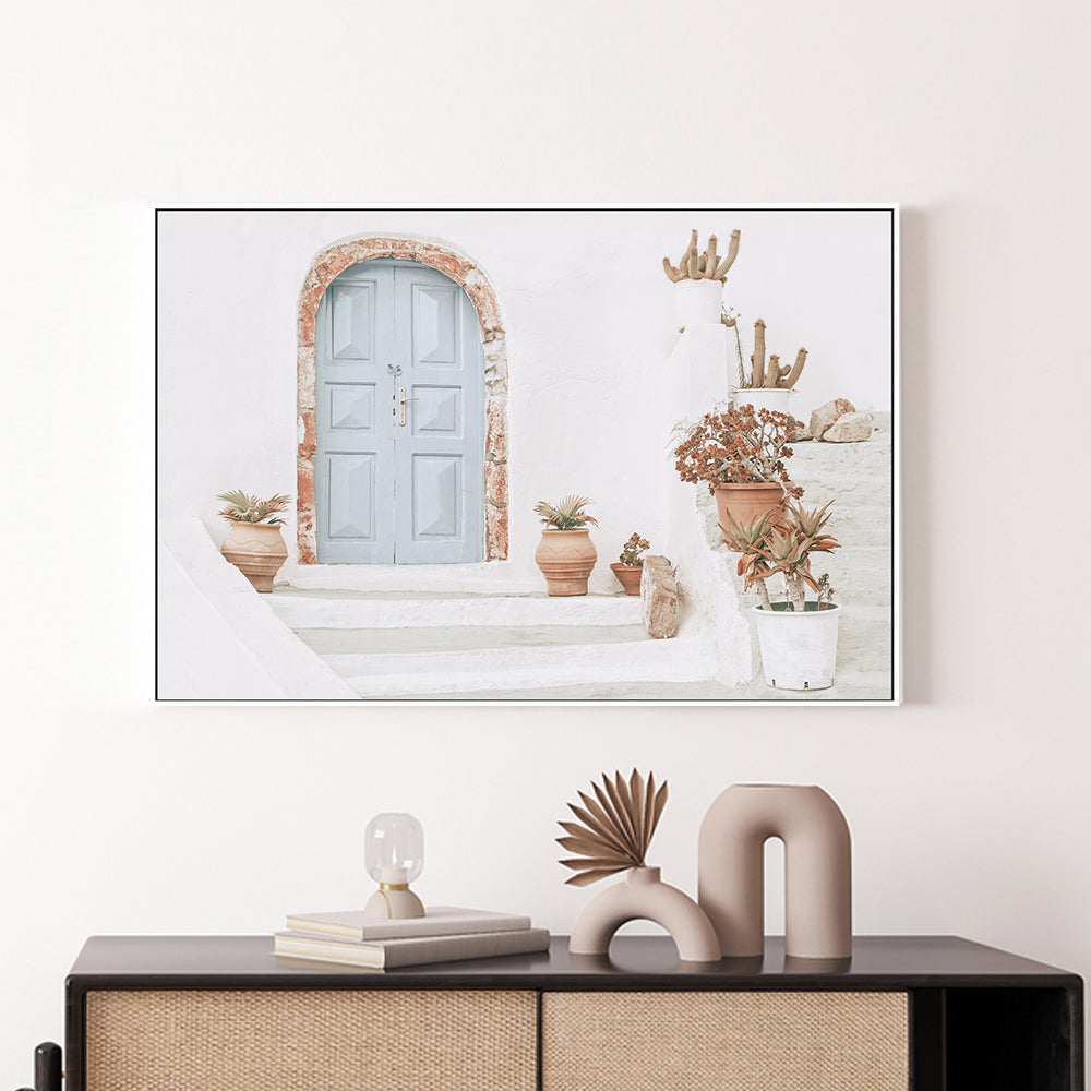 Greek house facade with blue door and flower pots-Gioia-Prints-Framed-Canvas-Poster-GIOIA-WALL-ART