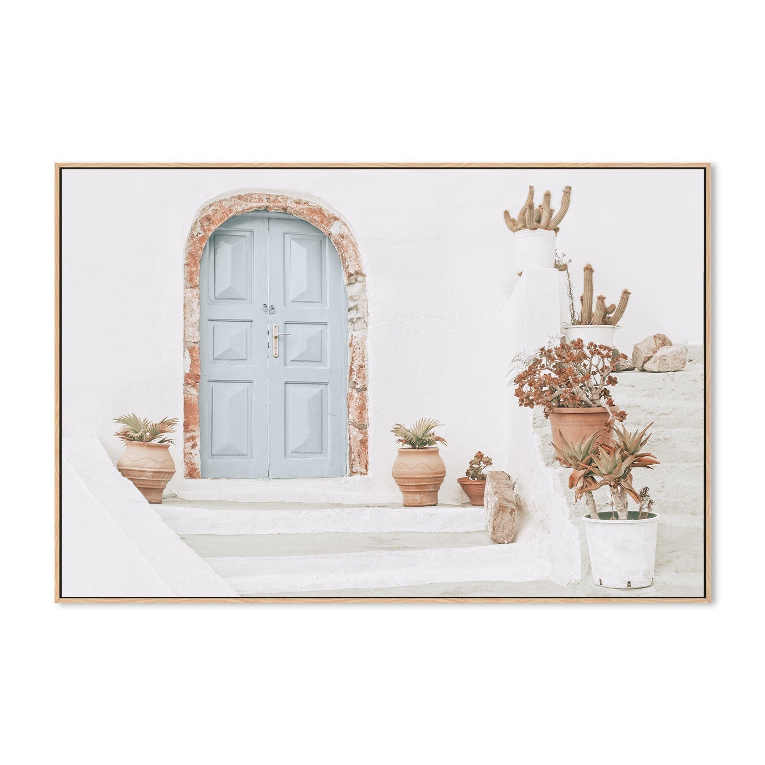 Greek house facade with blue door and flower pots-Gioia-Prints-Framed-Canvas-Poster-GIOIA-WALL-ART