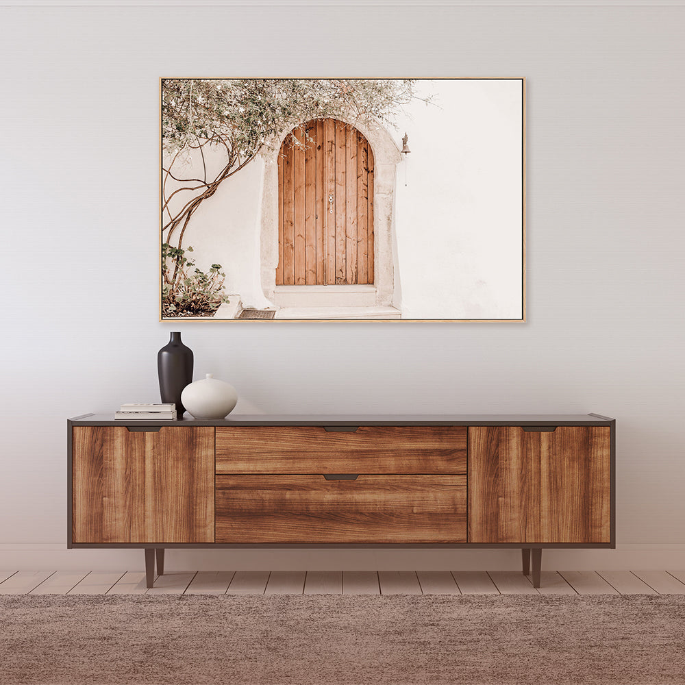 Greek house facade with brown door-Gioia-Prints-Framed-Canvas-Poster-GIOIA-WALL-ART