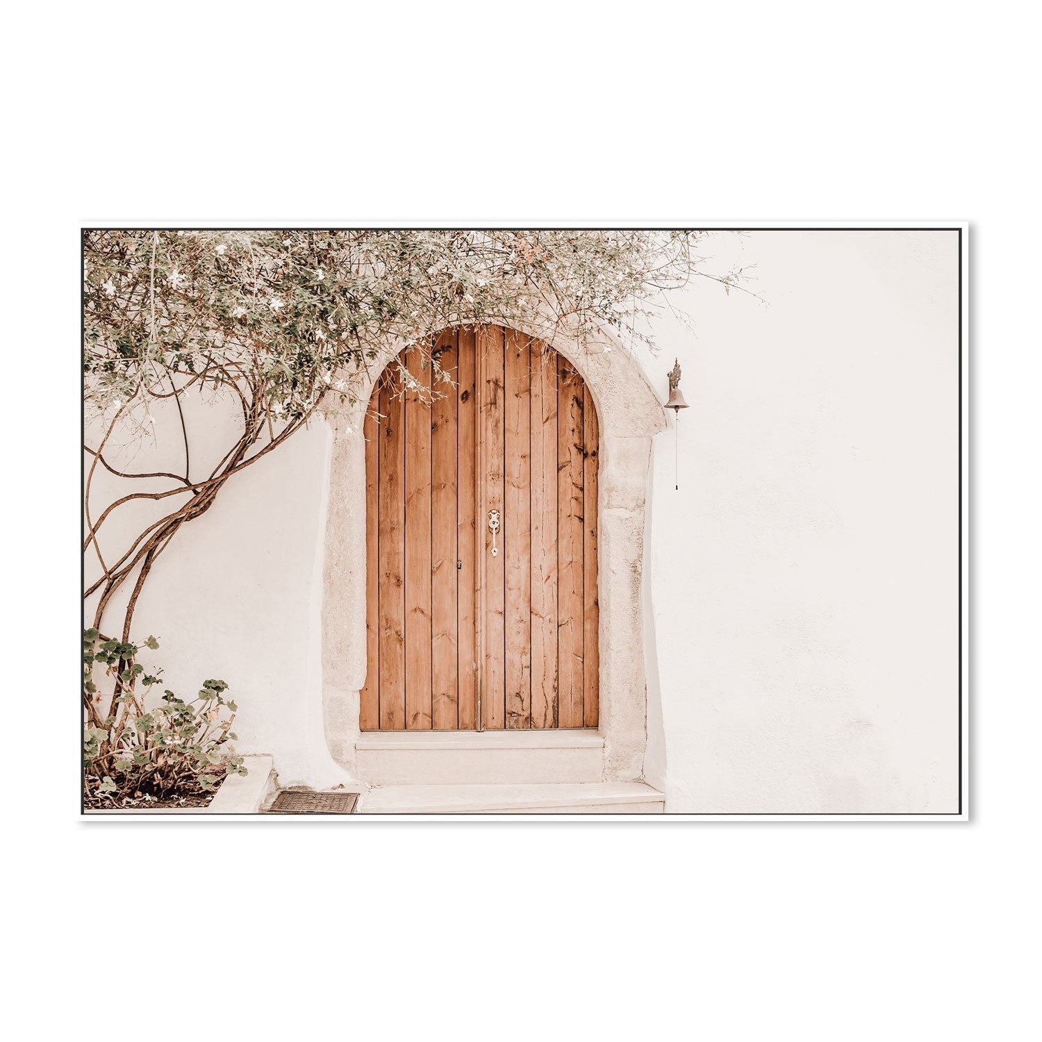 Greek house facade with brown door-Gioia-Prints-Framed-Canvas-Poster-GIOIA-WALL-ART