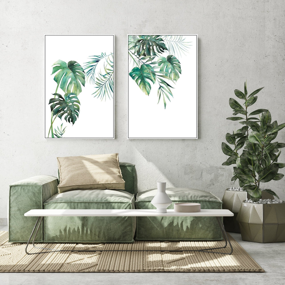 wall-art-print-canvas-poster-framed-Green Tropical Leaves, Set Of 2-by-Gioia Wall Art-Gioia Wall Art