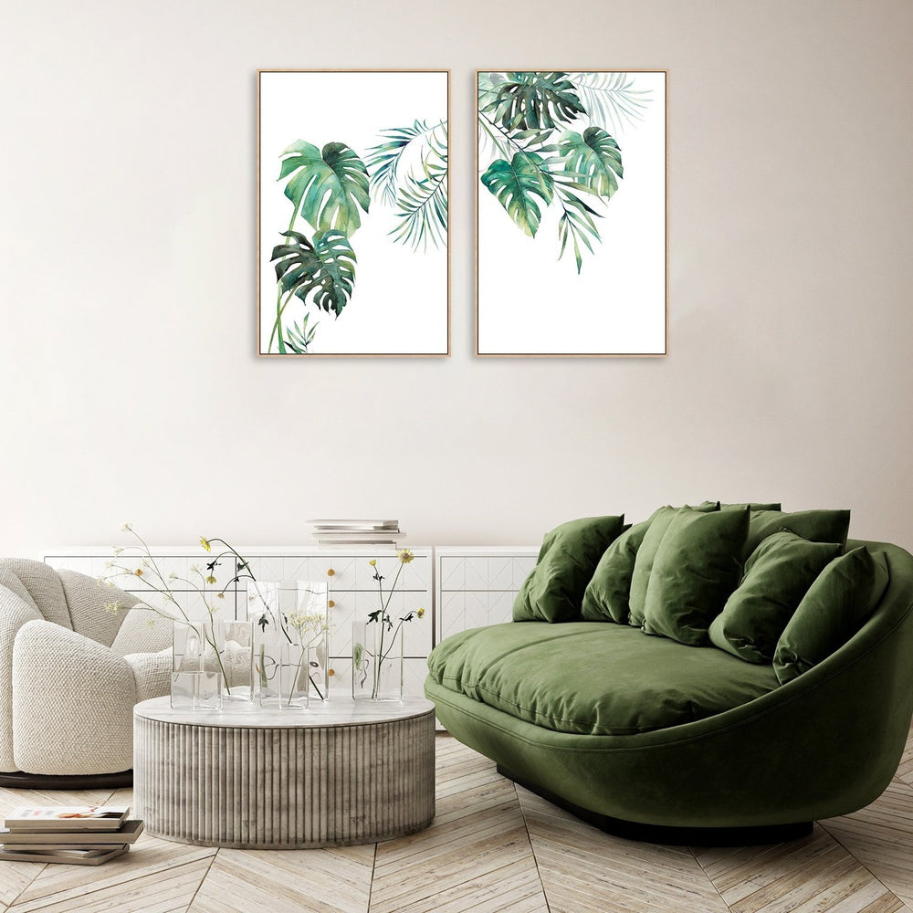 wall-art-print-canvas-poster-framed-Green Tropical Leaves, Set Of 2-by-Gioia Wall Art-Gioia Wall Art