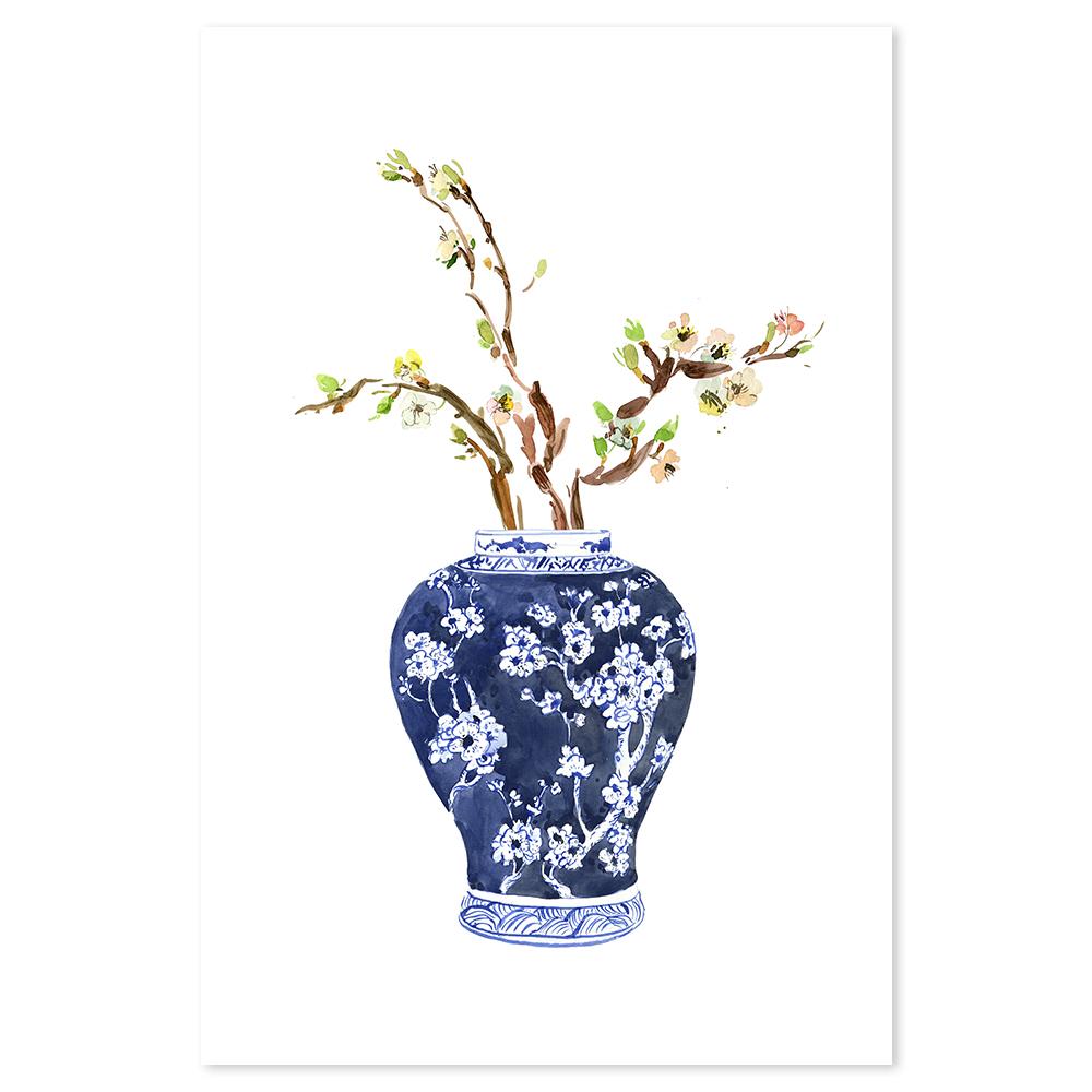 wall-art-print-canvas-poster-framed-Indigo Ginger Vase And Flowers Painting, Style B-by-Gioia Wall Art-Gioia Wall Art