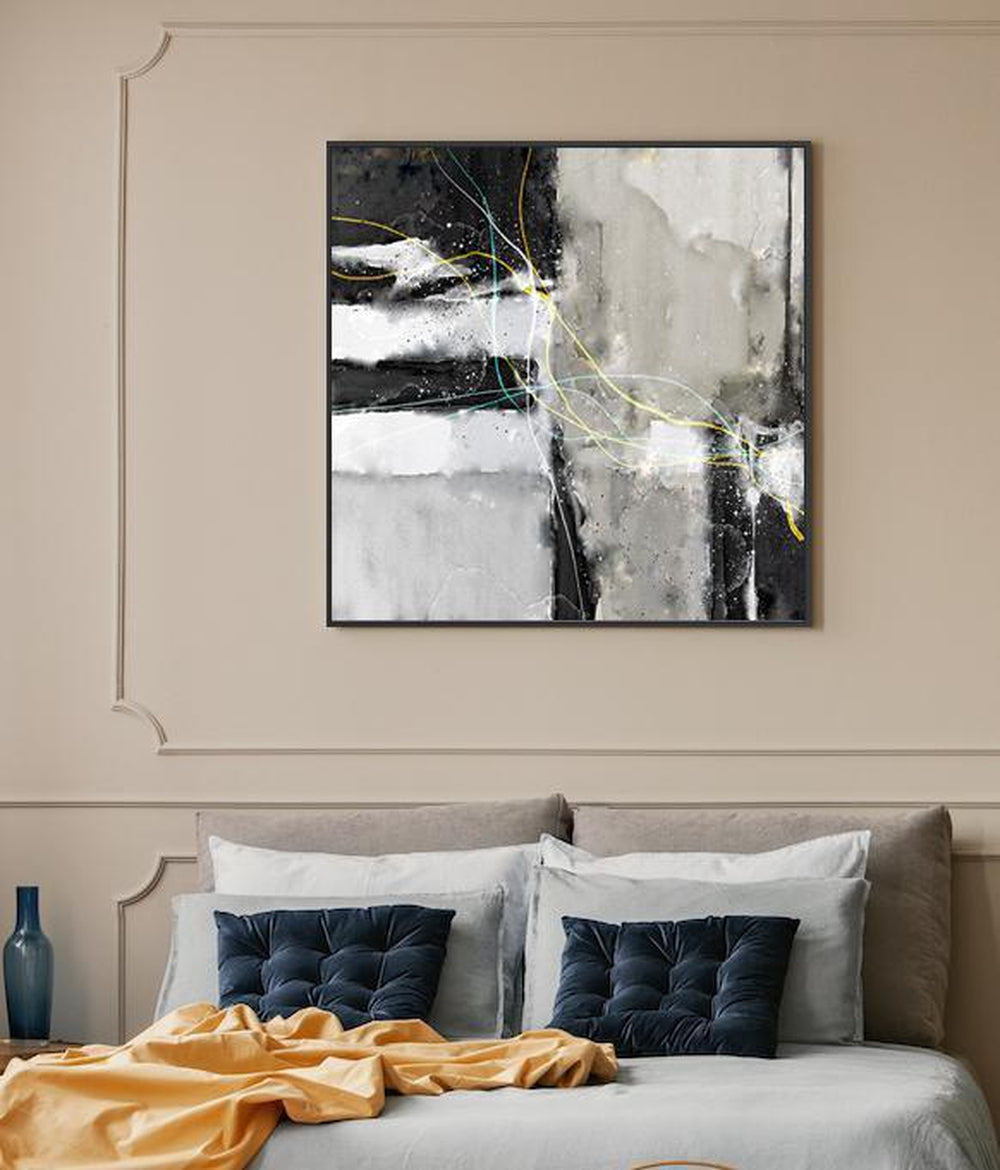 wall-art-print-canvas-poster-framed-Lightning, Abstract Art, Black And Light Beige-by-Gioia Wall Art-Gioia Wall Art