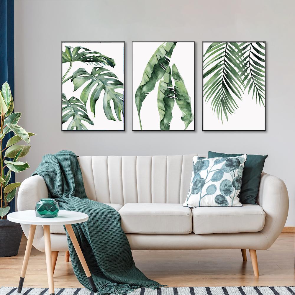 wall-art-print-canvas-poster-framed-Monstera Leaves, Banana Leaves And Palm Leaves, Set Of 3-by-Gioia Wall Art-Gioia Wall Art