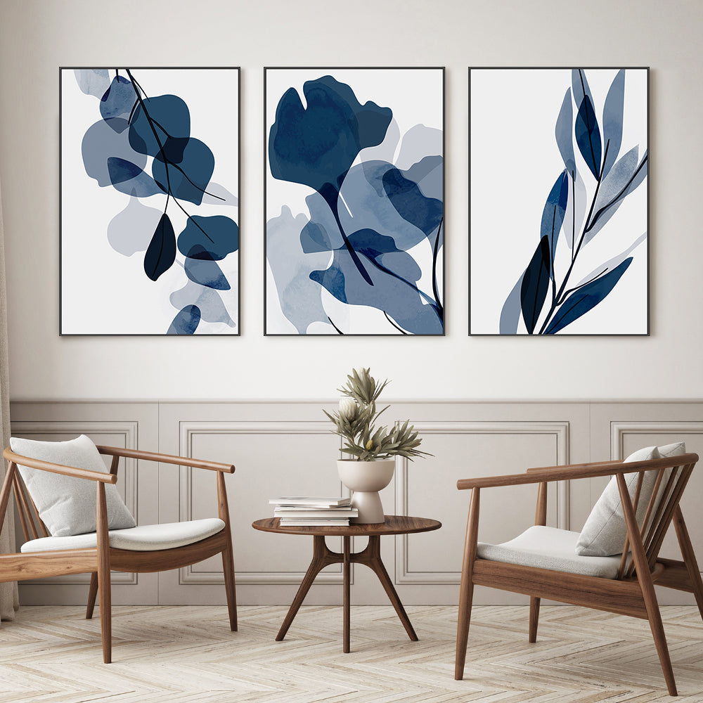 wall-art-print-canvas-poster-framed-Navy Flowers, Style A, B & C, Set Of 3-GIOIA-WALL-ART