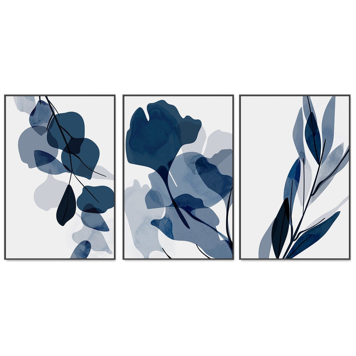 wall-art-print-canvas-poster-framed-Navy Flowers, Style A, B & C, Set Of 3-GIOIA-WALL-ART