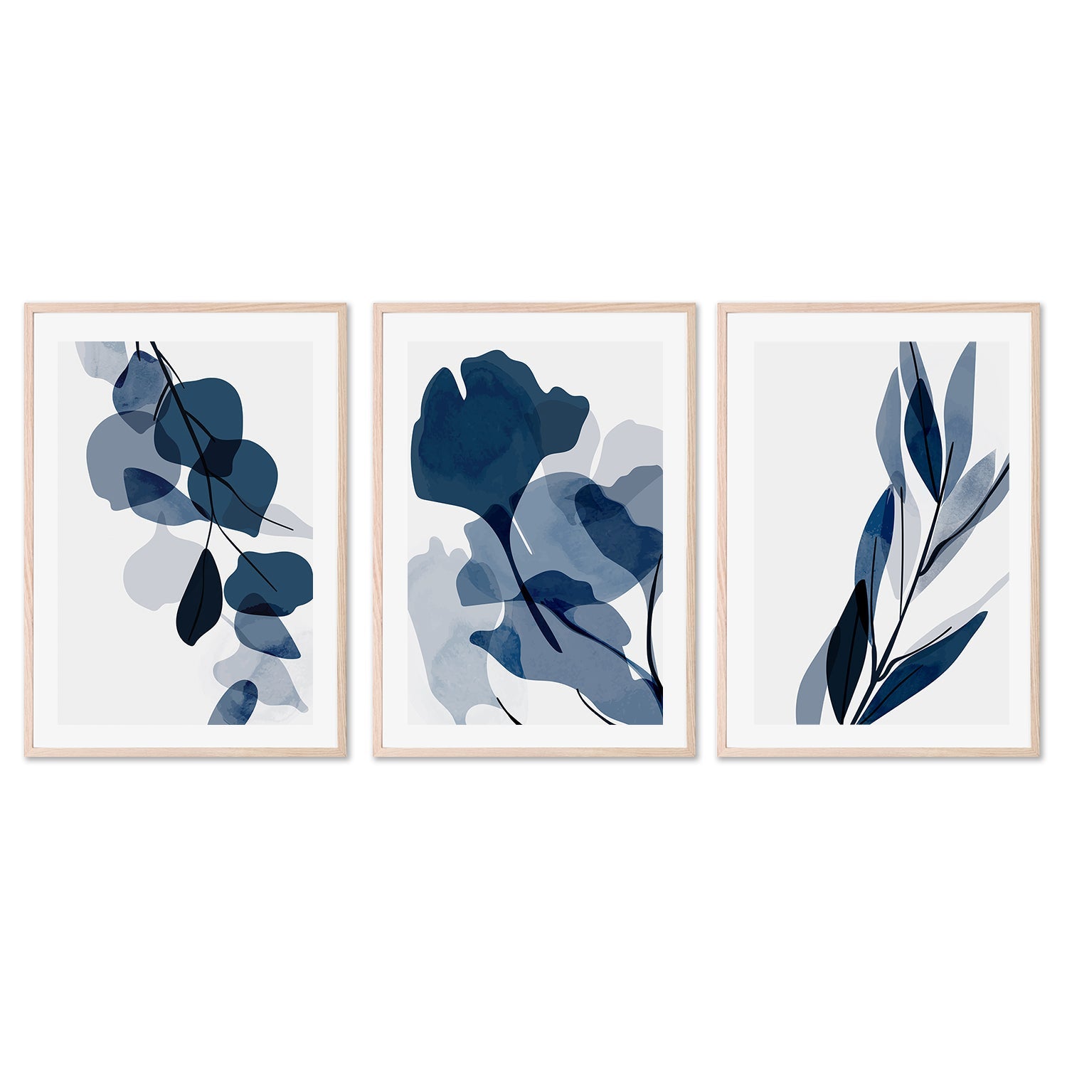 wall-art-print-canvas-poster-framed-Navy Flowers, Style A, B & C, Set Of 3-GIOIA-WALL-ART