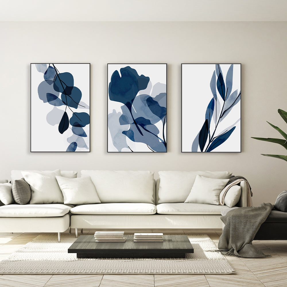 wall-art-print-canvas-poster-framed-Navy Flowers, Style A, B & C, Set Of 3-GIOIA-WALL-ART