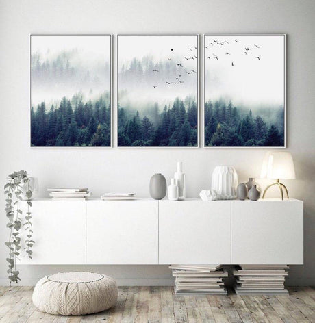 wall-art-print-canvas-poster-framed-Nordic Foggy Forest Landscape, Set Of 3-by-Gioia Wall Art-Gioia Wall Art