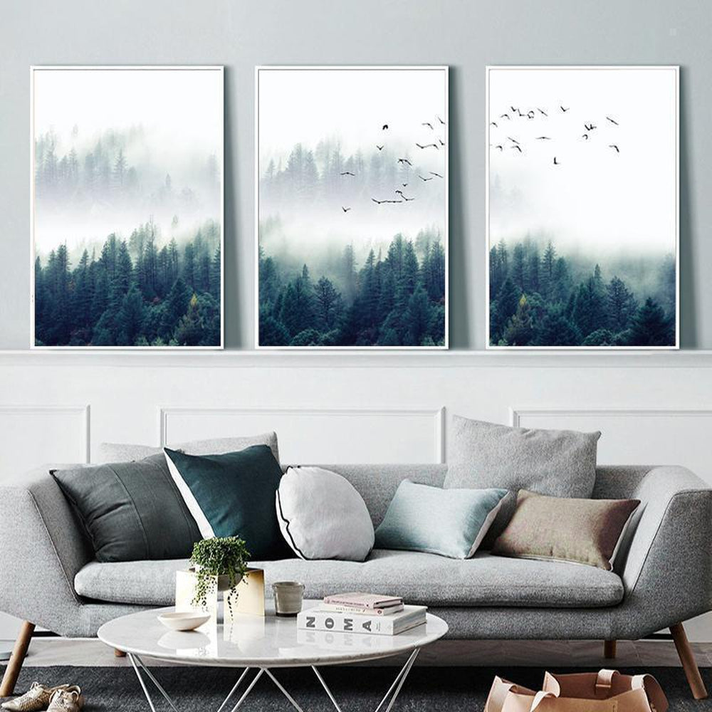 wall-art-print-canvas-poster-framed-Nordic Foggy Forest Landscape, Set Of 3-by-Gioia Wall Art-Gioia Wall Art