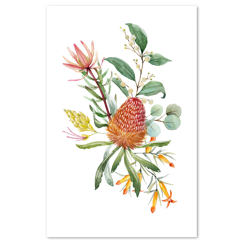 wall-art-print-canvas-poster-framed-Orange Banksias Flowers, Eucalyptus Leaves, Protea Leaves, Watercolour Floral Print-by-Gioia Wall Art-Gioia Wall Art