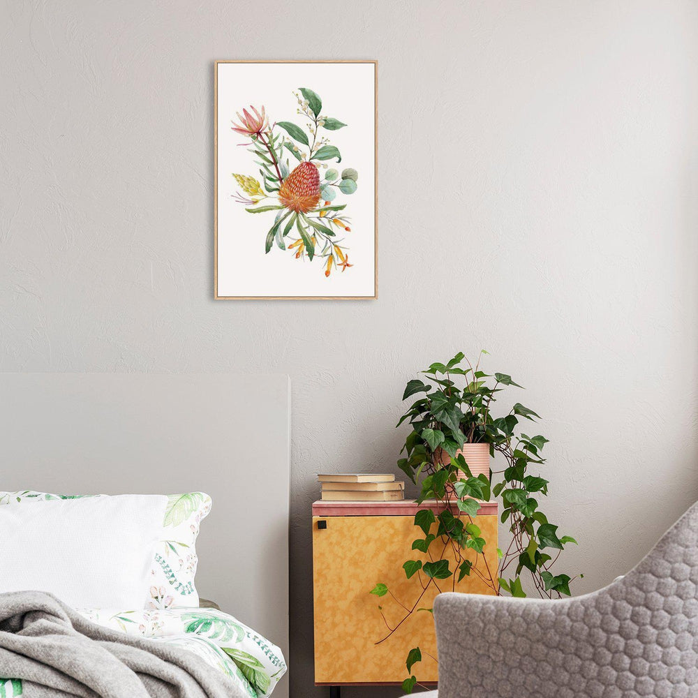 wall-art-print-canvas-poster-framed-Orange Banksias Flowers, Eucalyptus Leaves, Protea Leaves, Watercolour Floral Print-by-Gioia Wall Art-Gioia Wall Art