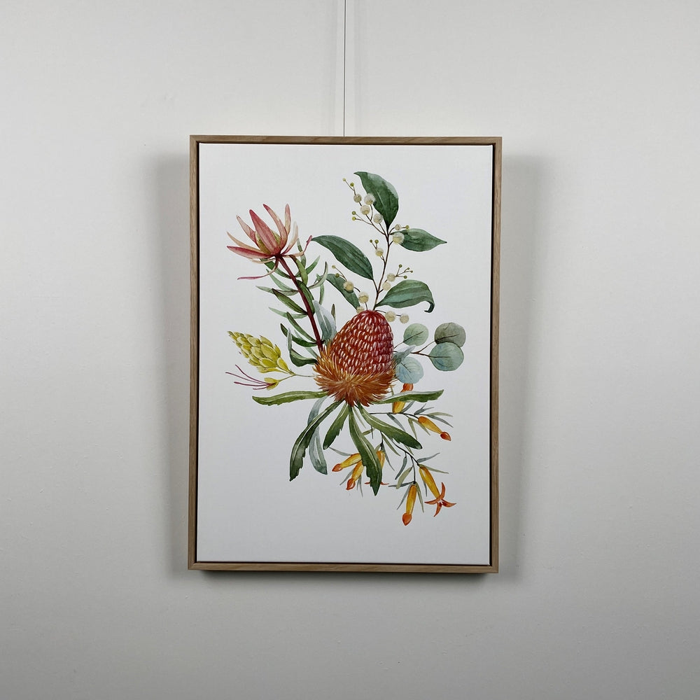 wall-art-print-canvas-poster-framed-Orange Banksias Flowers, Eucalyptus Leaves, Protea Leaves, Watercolour Floral Print-by-Gioia Wall Art-Gioia Wall Art