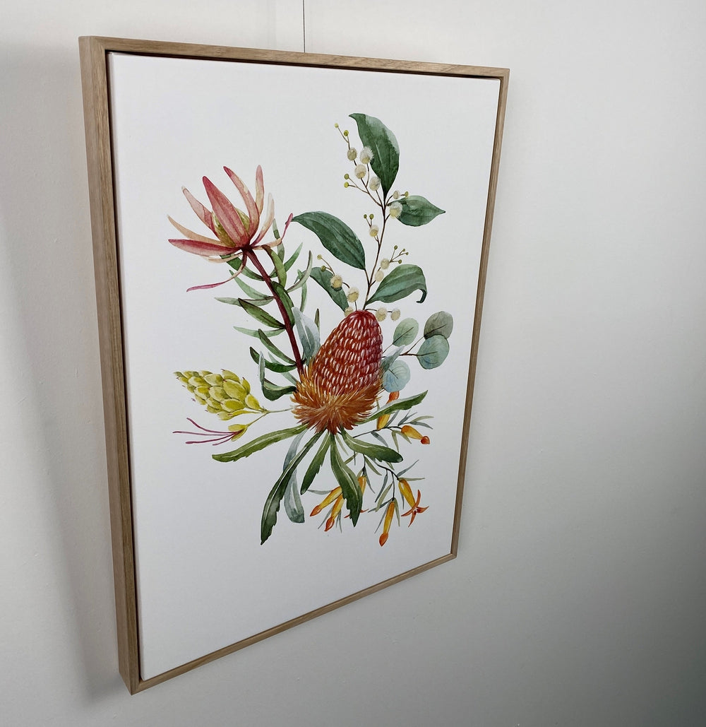 wall-art-print-canvas-poster-framed-Orange Banksias Flowers, Eucalyptus Leaves, Protea Leaves, Watercolour Floral Print-by-Gioia Wall Art-Gioia Wall Art