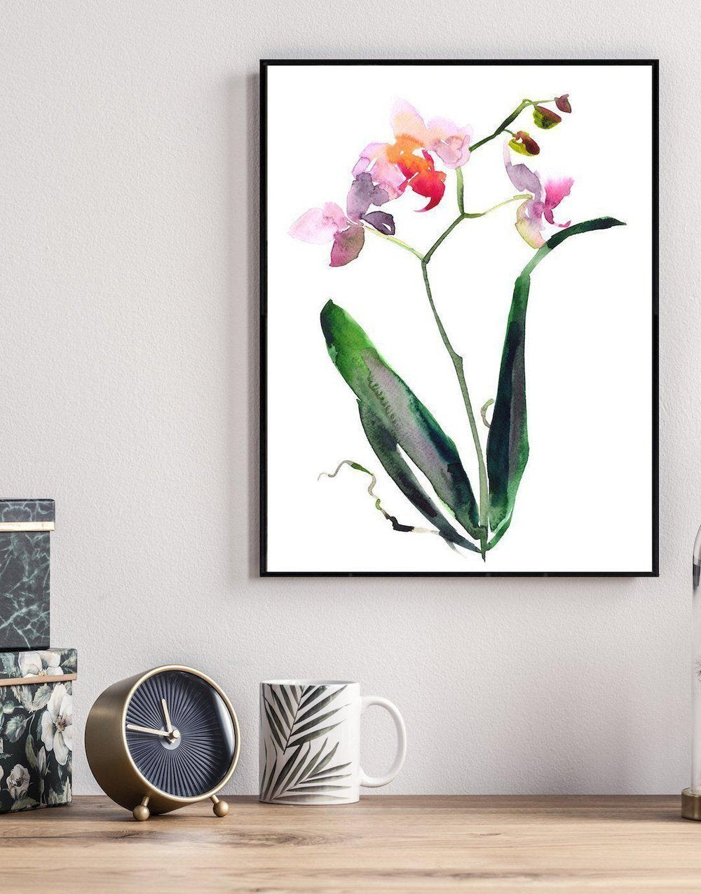 wall-art-print-canvas-poster-framed-Orchid And Leaves Painting,Watercolour Style-by-Gioia Wall Art-Gioia Wall Art