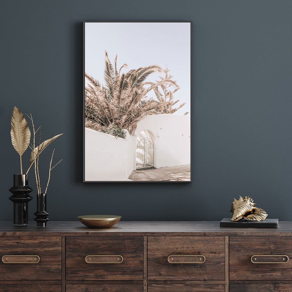 Palm tree behind the white wall, Santorini-Gioia-Prints-Framed-Canvas-Poster-GIOIA-WALL-ART