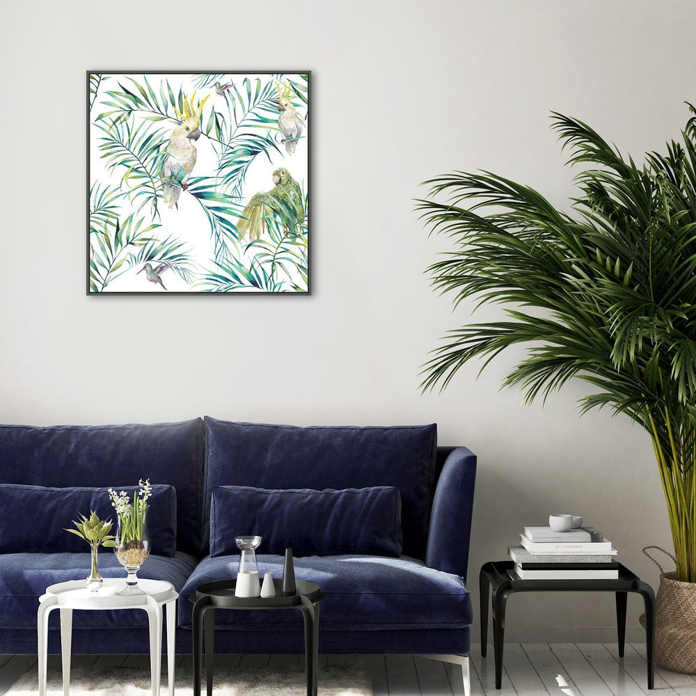 wall-art-print-canvas-poster-framed-Parrot, Peacock And Leaves-by-Gioia Wall Art-Gioia Wall Art