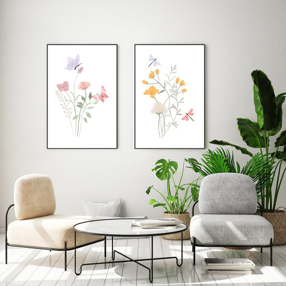 wall-art-print-canvas-poster-framed-Pastel Butterfly & Dragonfly Garden, Set of 2-GIOIA-WALL-ART