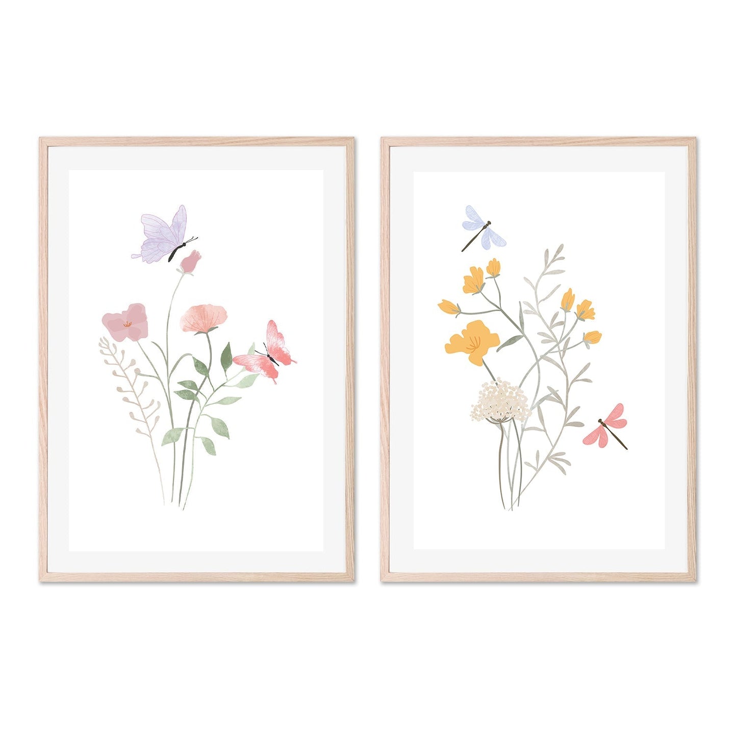 wall-art-print-canvas-poster-framed-Pastel Butterfly & Dragonfly Garden, Set of 2-GIOIA-WALL-ART